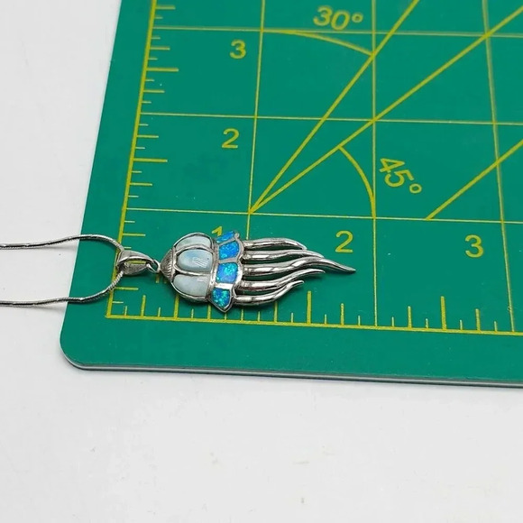 Sterling Silver Jellyfish Pendant Necklace Blue Larimar Fire Opal 18in - Picture 6 of 8